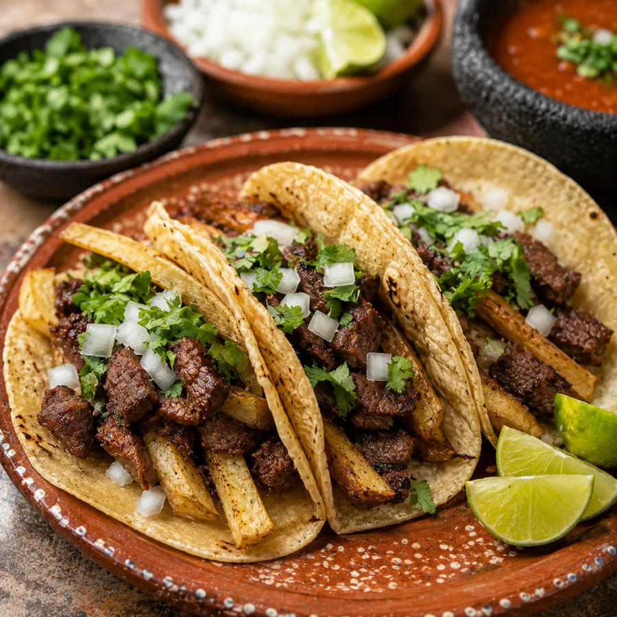Orden de 3 tacos de bistec con papas (imagen ilustrativa)