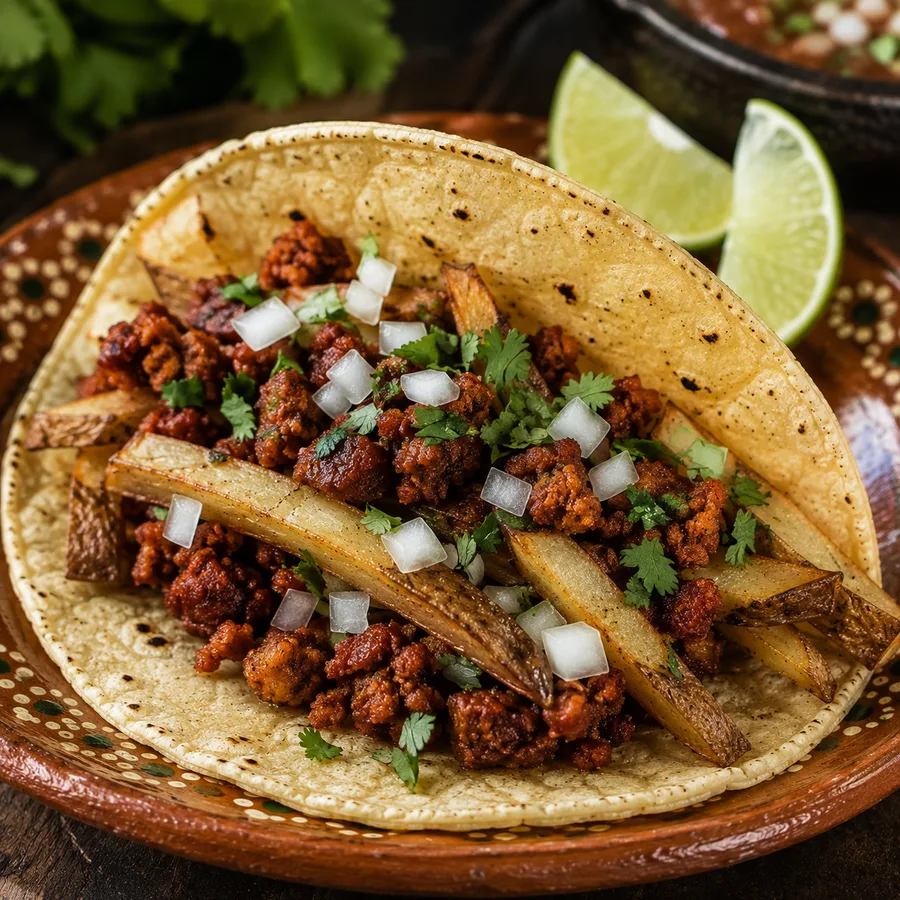 Taco de longaniza con papas fritas, cilantro y cebolla (imagen ilustrativa)