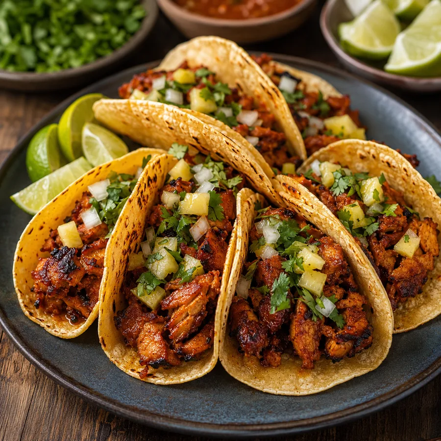 Tacos al pastor dorados con piña, cilantro y cebolla (imagen ilustrativa)
